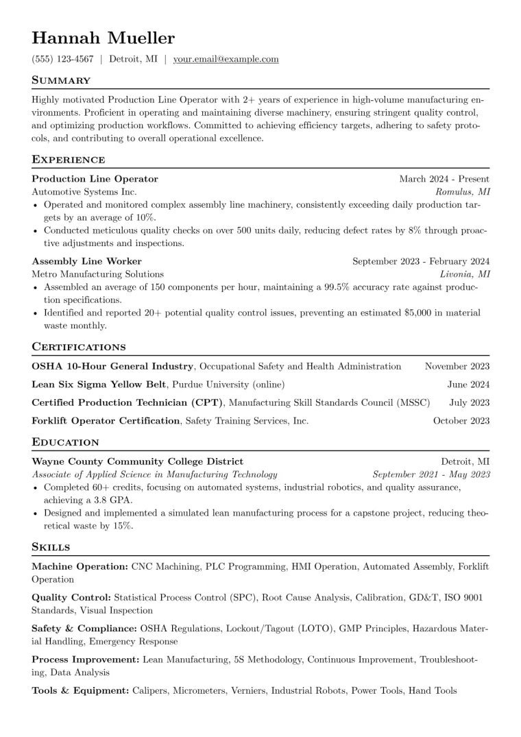 Production Line Operator Resume Example preview