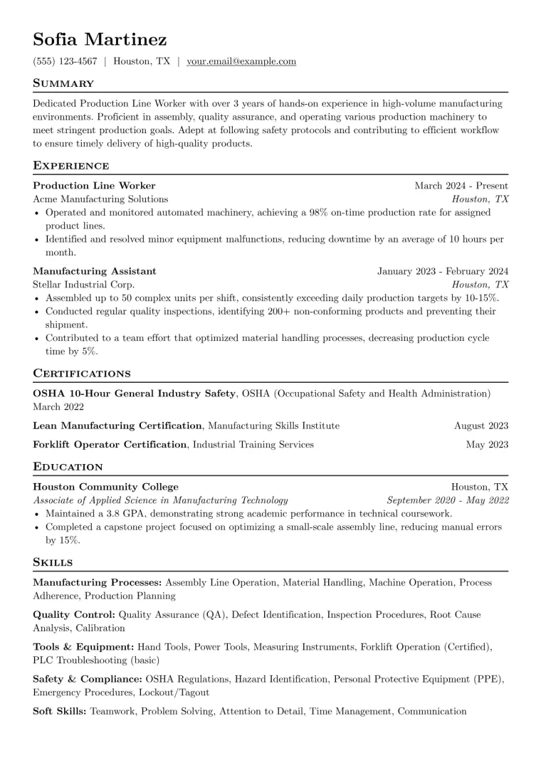Production Line Worker Resume Example CV template preview