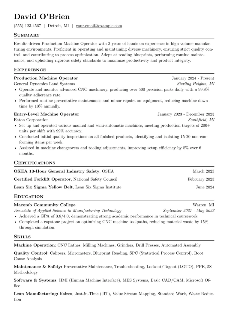 Production Machine Operator Resume Example preview