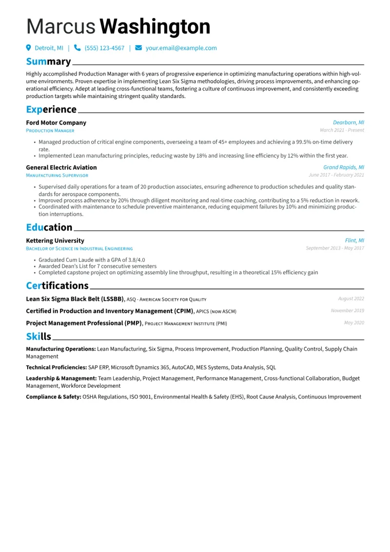Production Manager Resume Example CV template preview