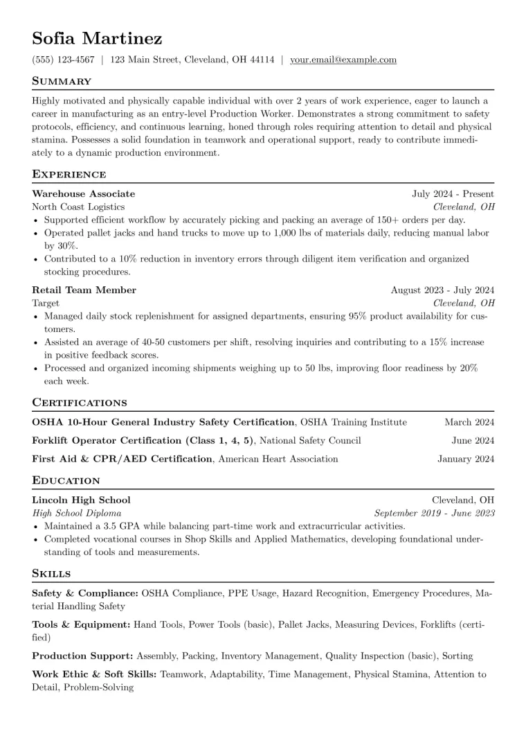 Production Worker No Experience Resume Example preview