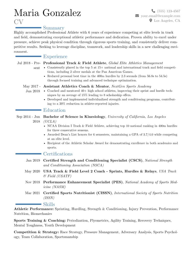 Professional Athlete Resume Example CV template preview