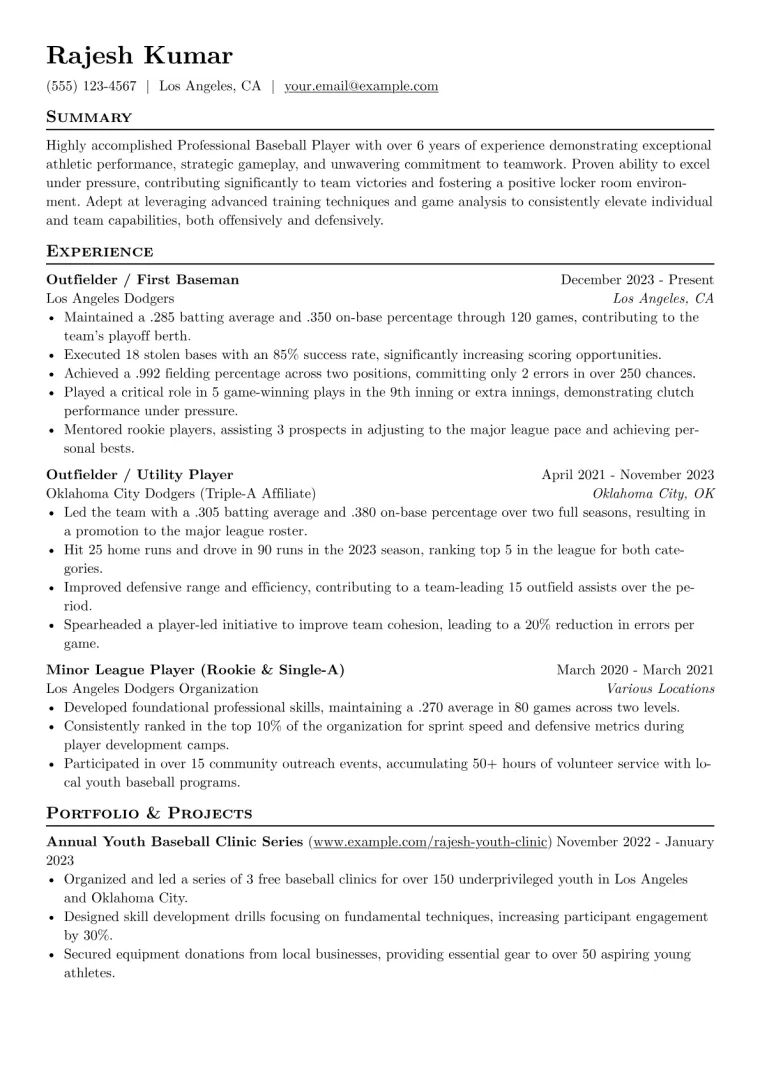 Professional Baseball Player Resume Example CV template preview