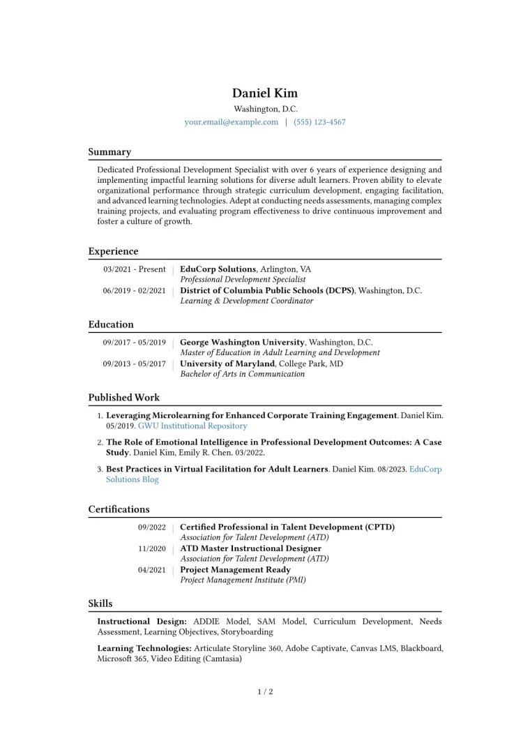 Professional Development Specialist Resume Example CV template preview
