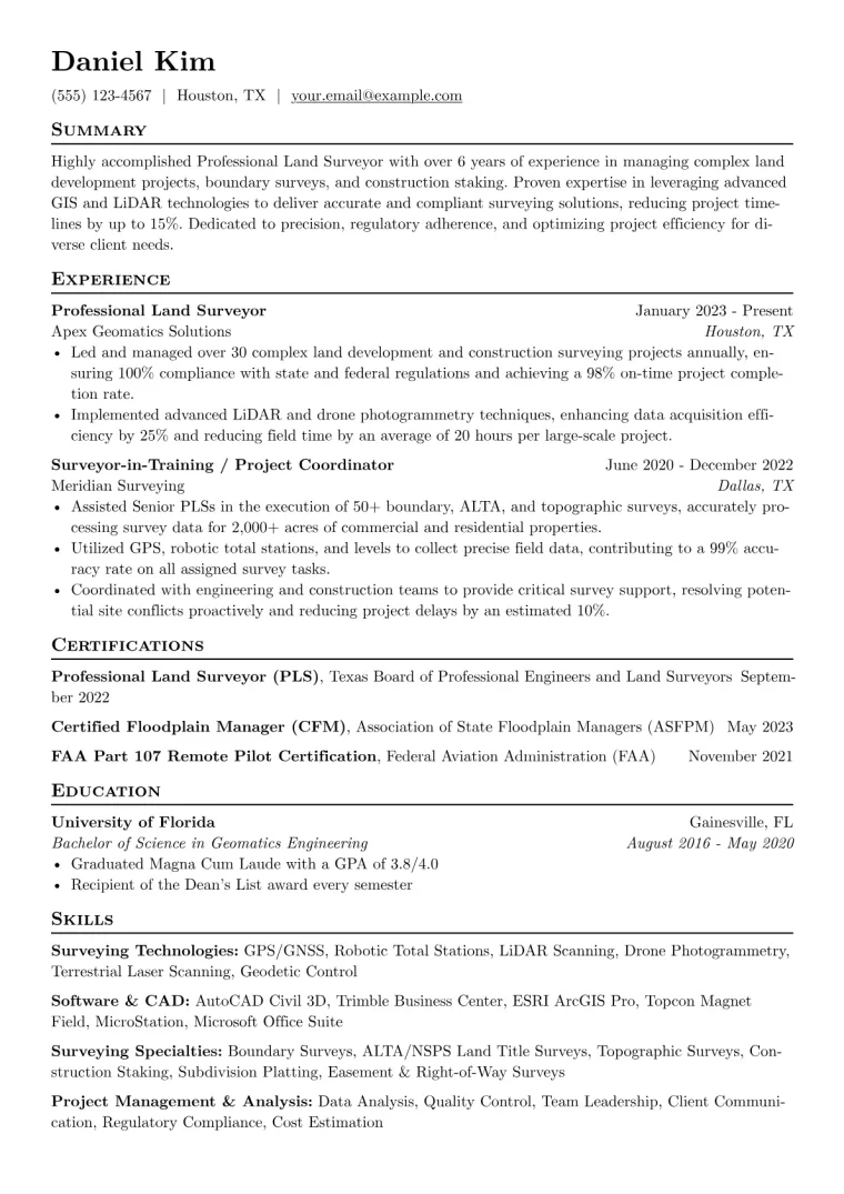 Professional Land Surveyor Resume Example CV template preview
