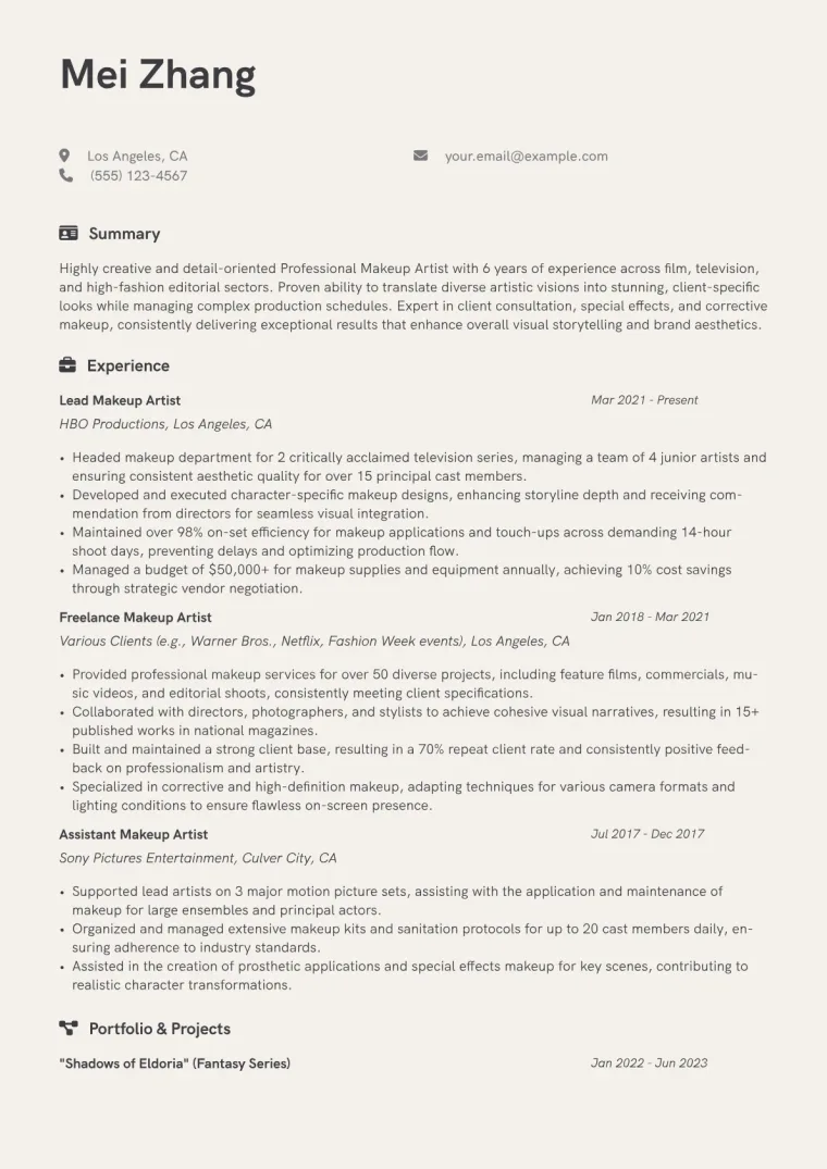 Professional Makeup Artist Resume Example CV template preview