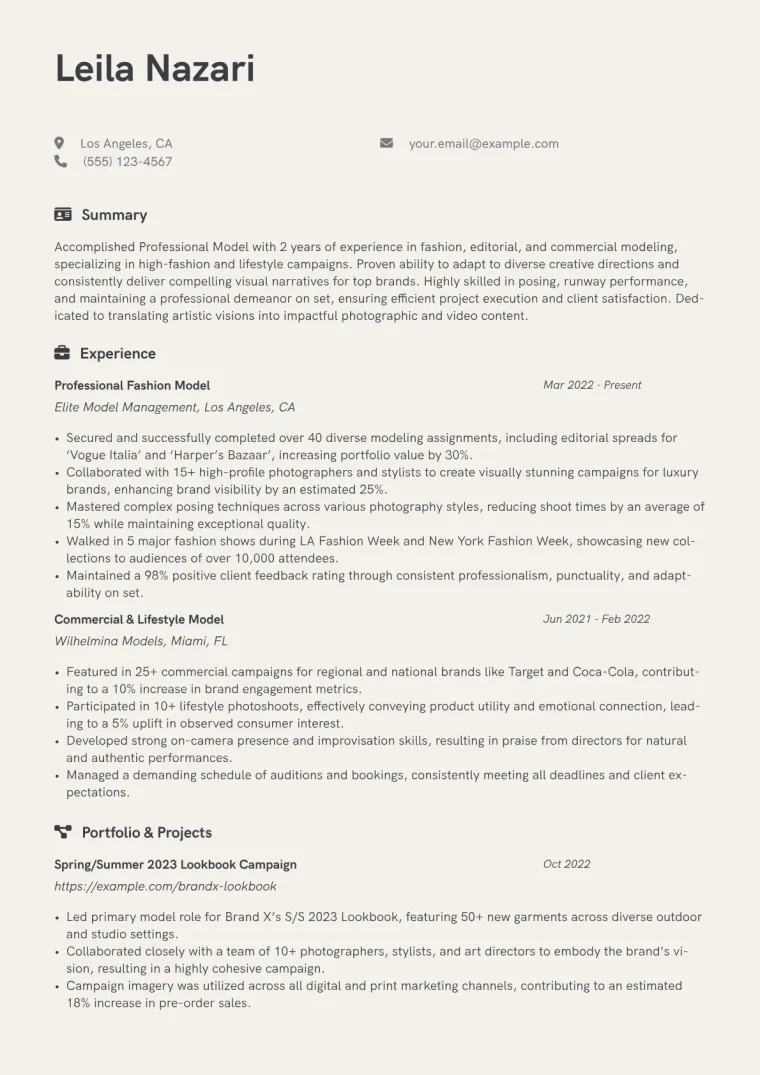 Professional Model Resume Example CV template preview