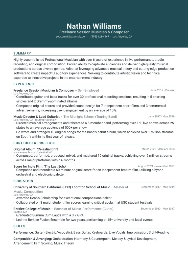 Professional Musician Resume Example CV template preview
