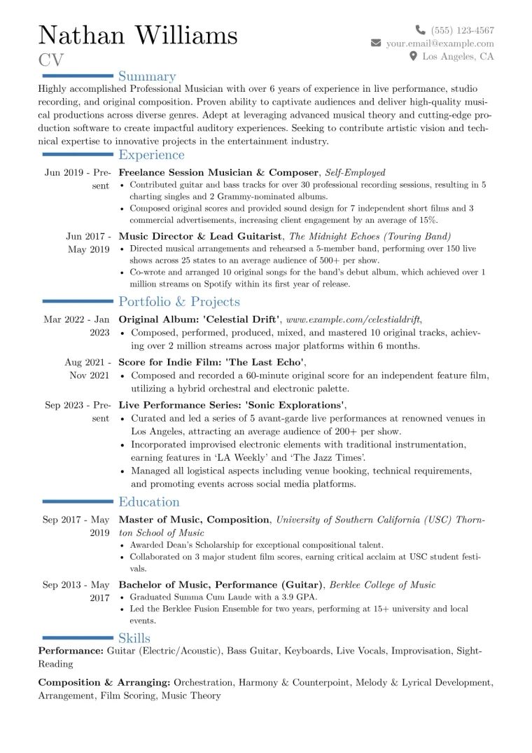 Professional Musician Resume Example CV template preview