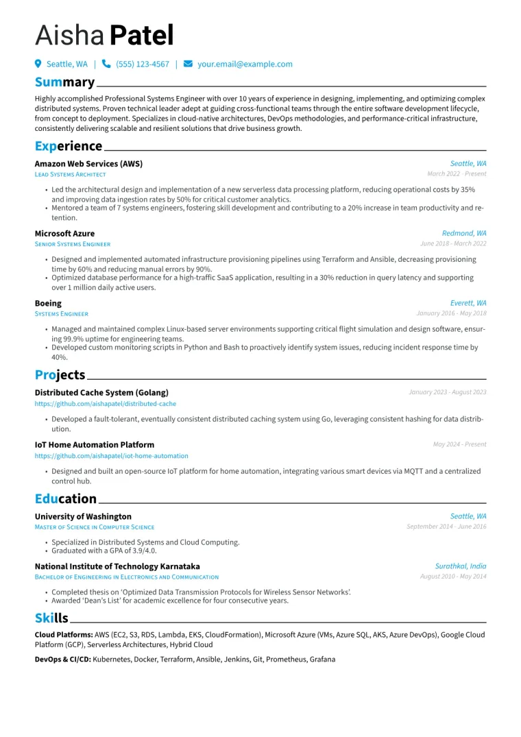 Professional Systems Engineer Resume Example CV template preview
