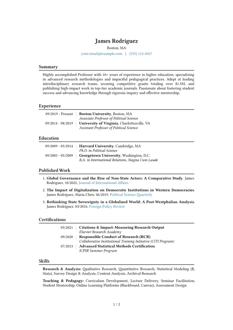 Professor Resume Example CV template preview