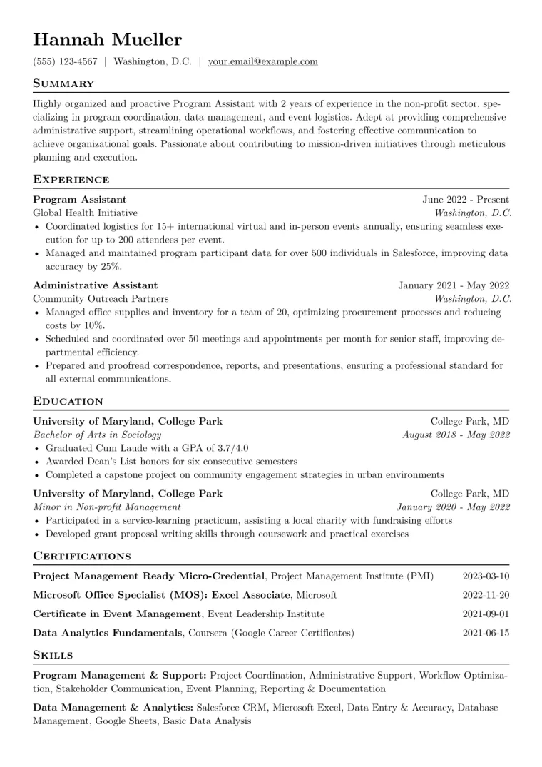 Program Assistant Resume Example CV template preview