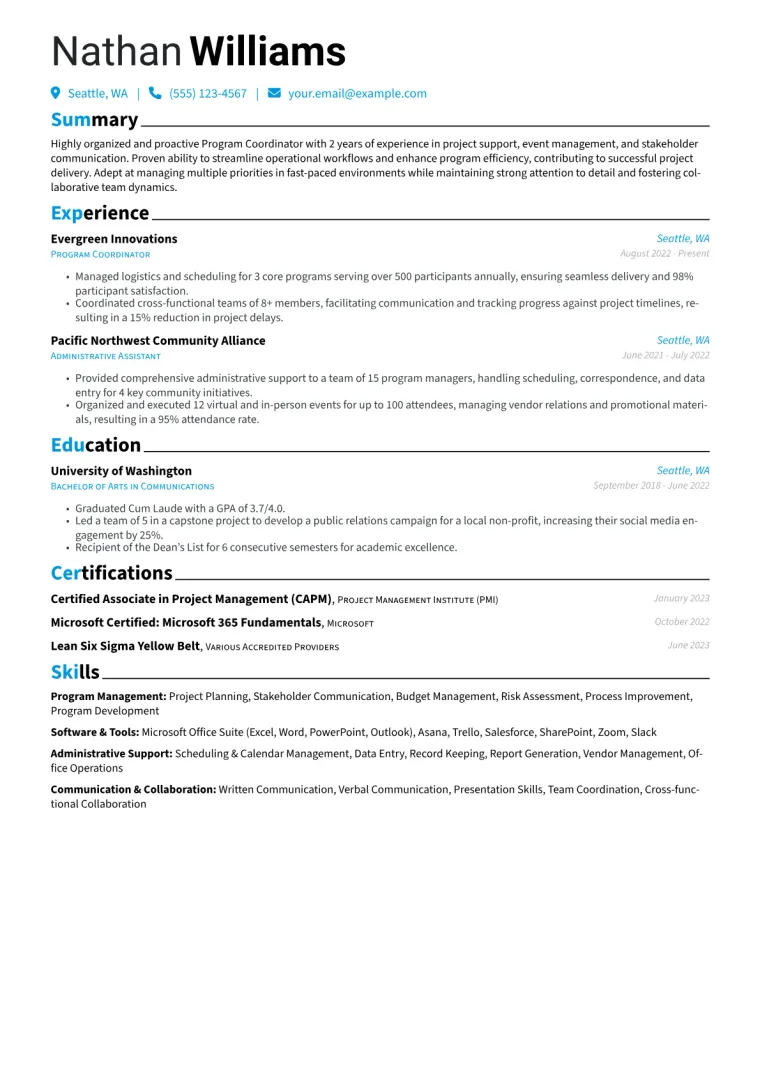 Program Coordinator Resume Example CV template preview