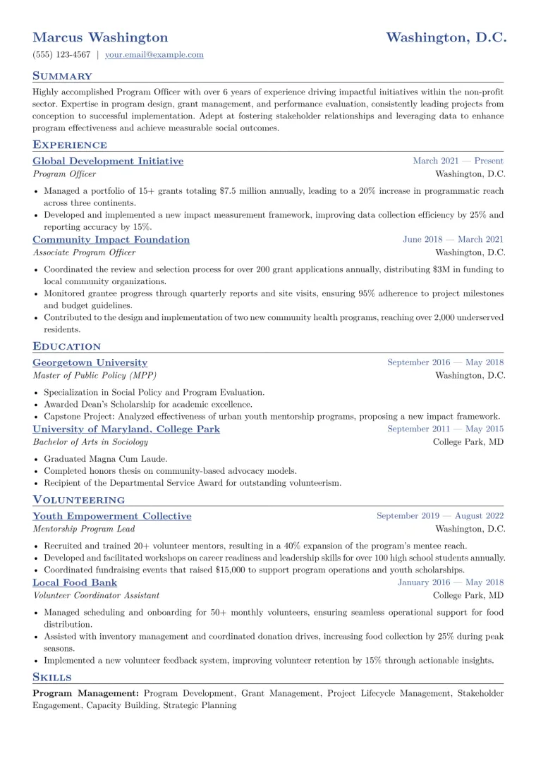 Program Officer Resume Example CV template preview