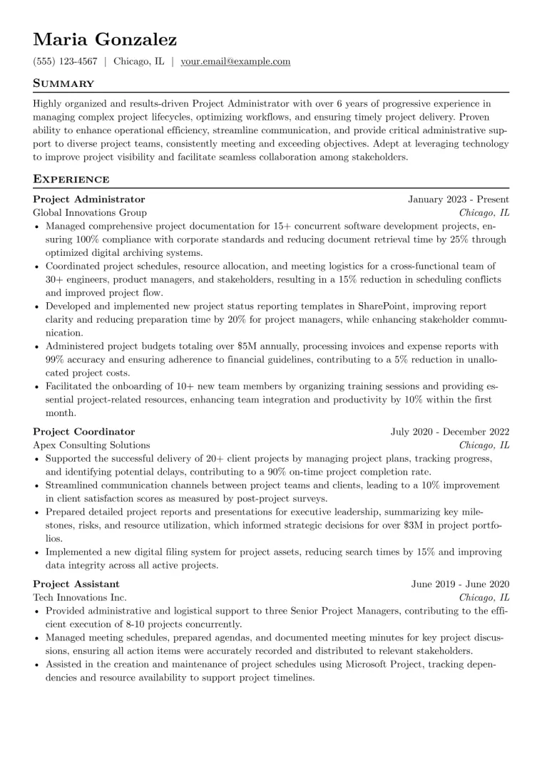 Project Administrator Resume Example CV template preview