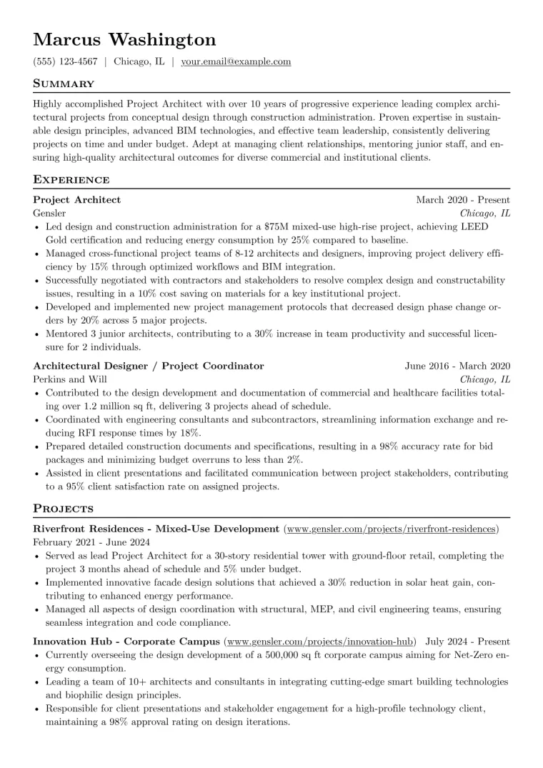 Project Architect Resume Example CV template preview