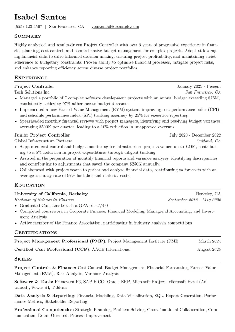 Project Controller Resume Example CV template preview