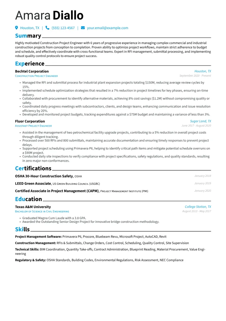 Construction Project Engineer Resume Example CV template preview