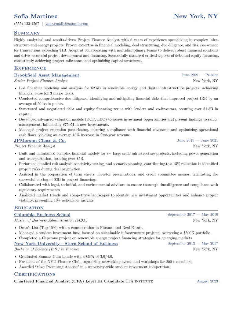 Project Finance Analyst Resume Example CV template preview