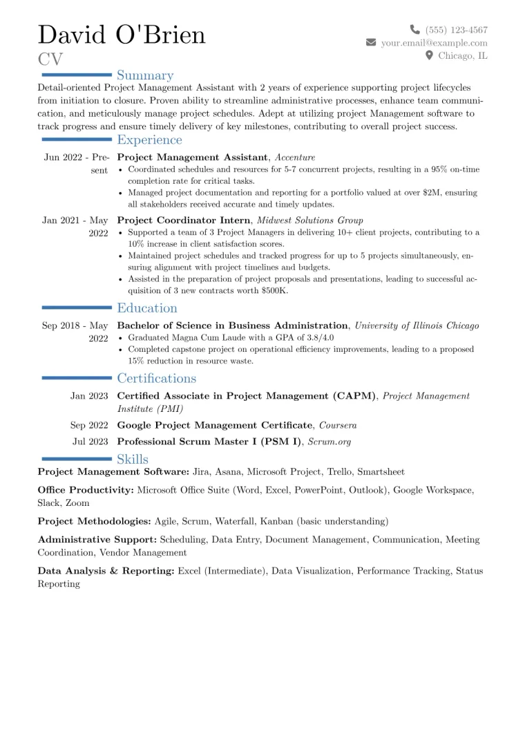 Project Management Assistant Resume Example CV template preview