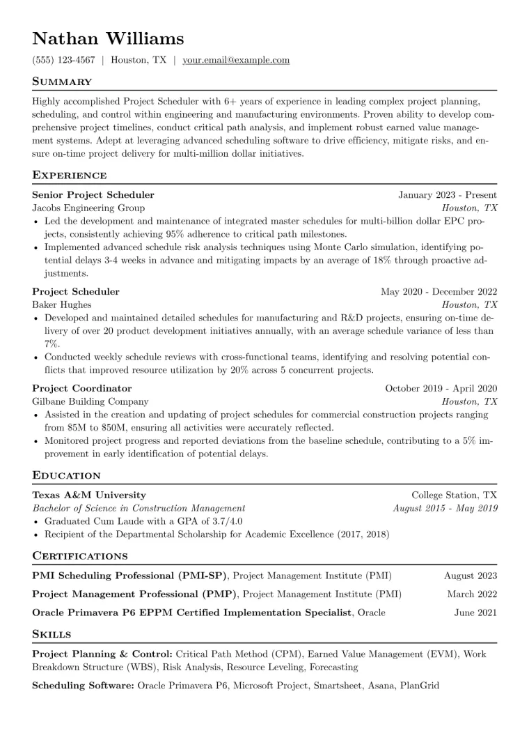 Project Scheduler Resume Example CV template preview