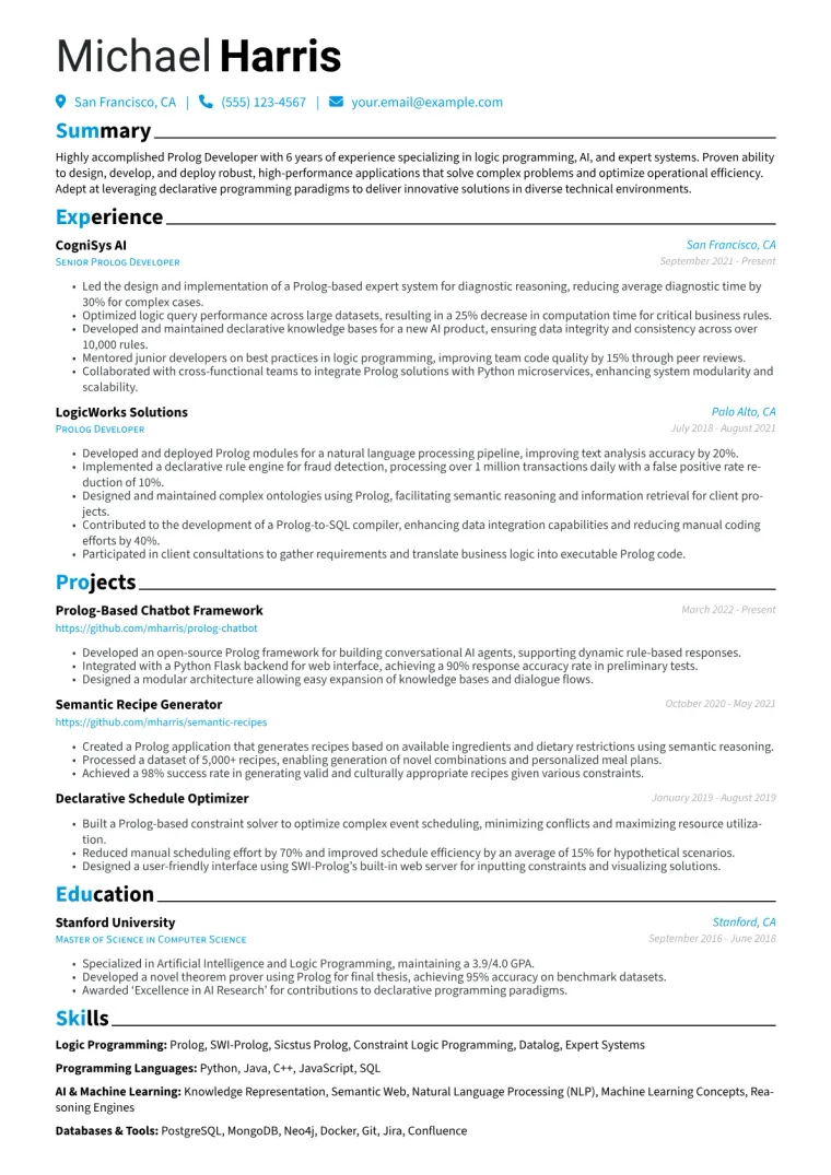 Prolog Developer Resume Example CV template preview
