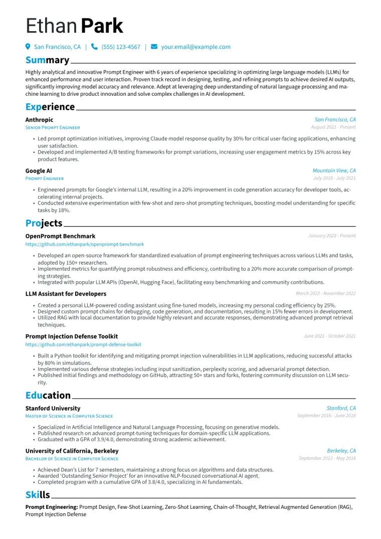 Prompt Engineer Resume Example CV template preview