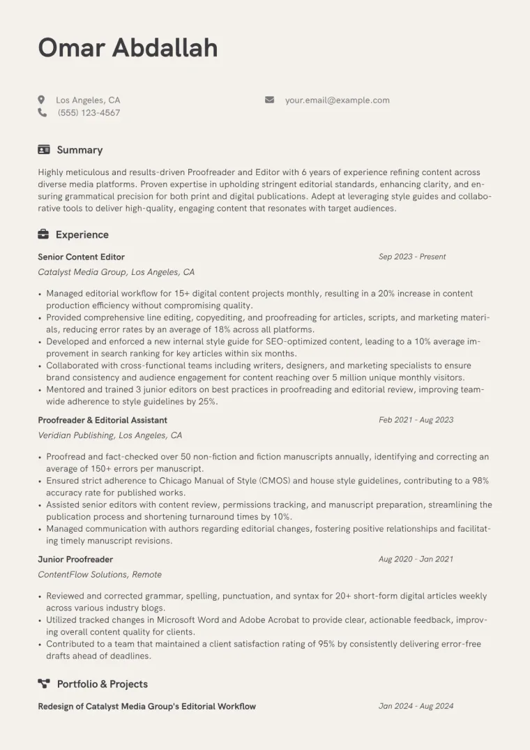 Proofreader Editor Resume Example CV template preview