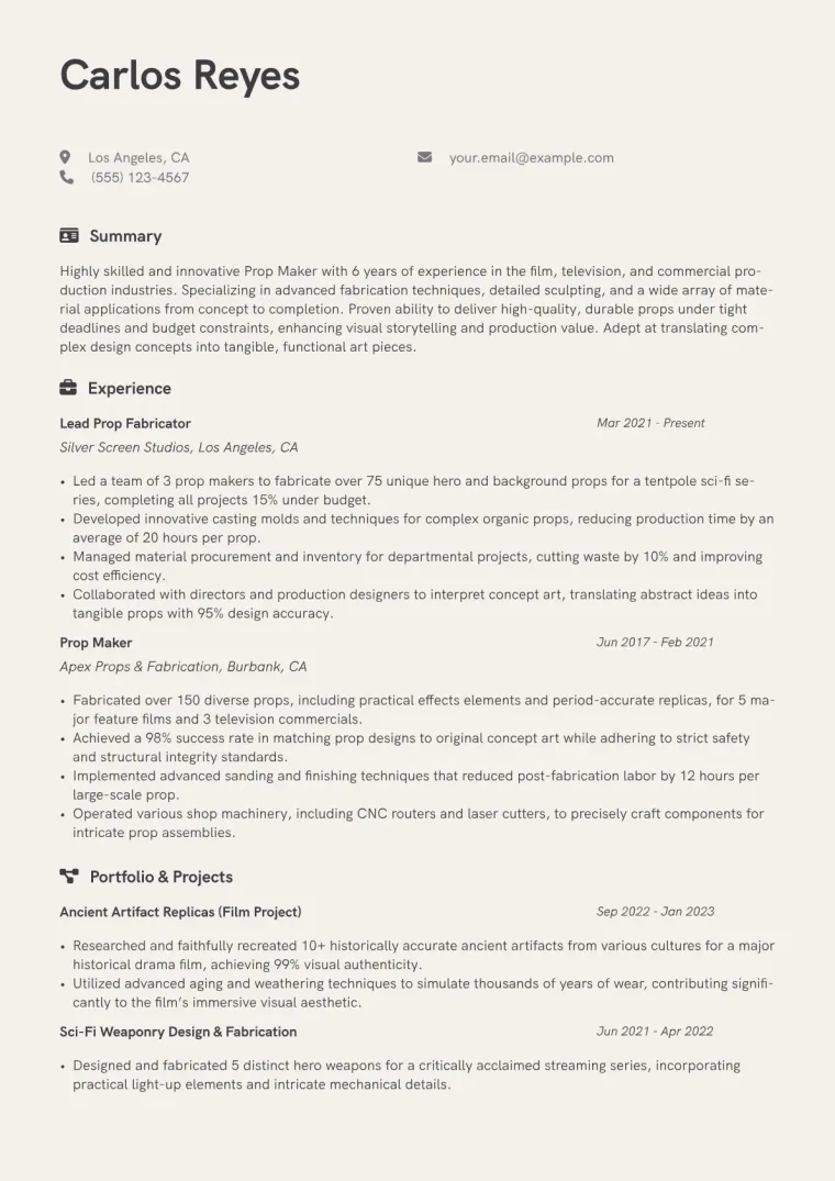 Prop Maker Resume Example CV template preview