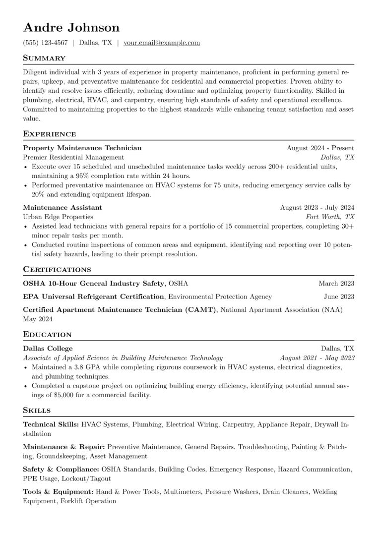 Property Maintenance Worker Resume Example preview