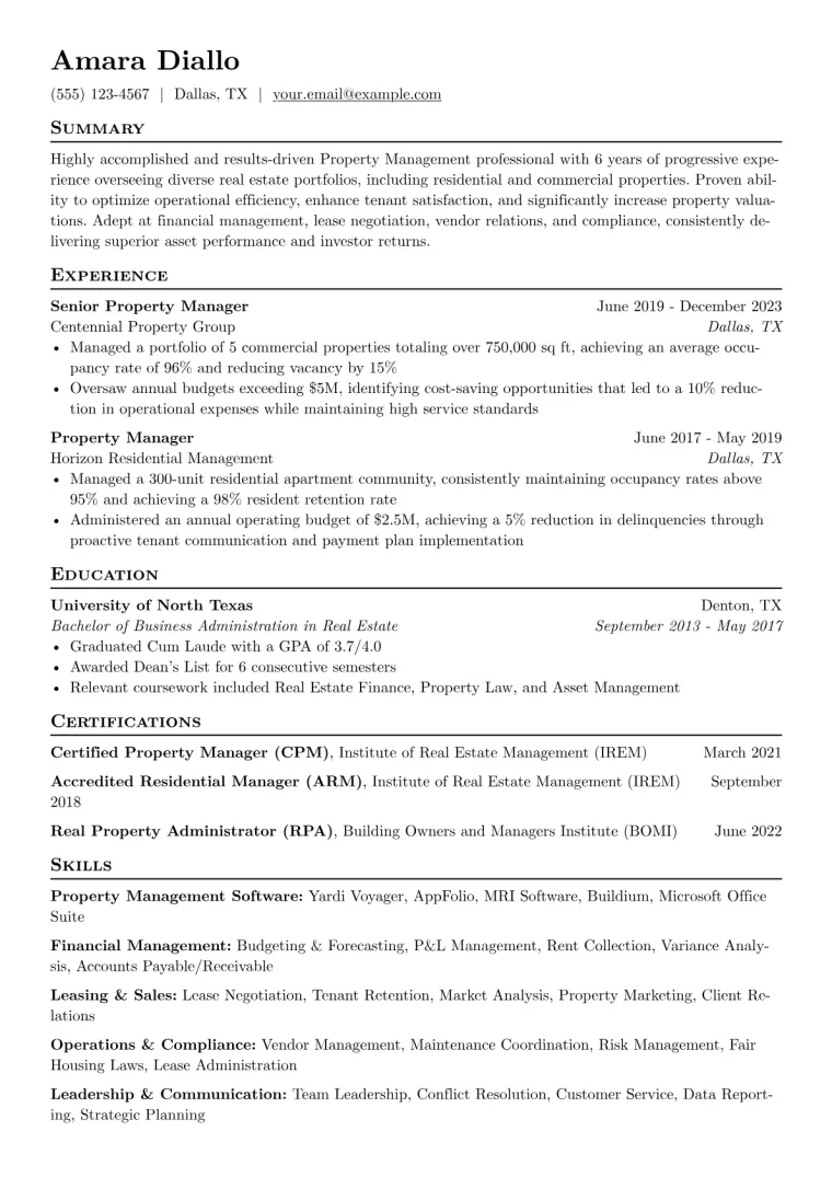 Property Management Resume Example CV template preview