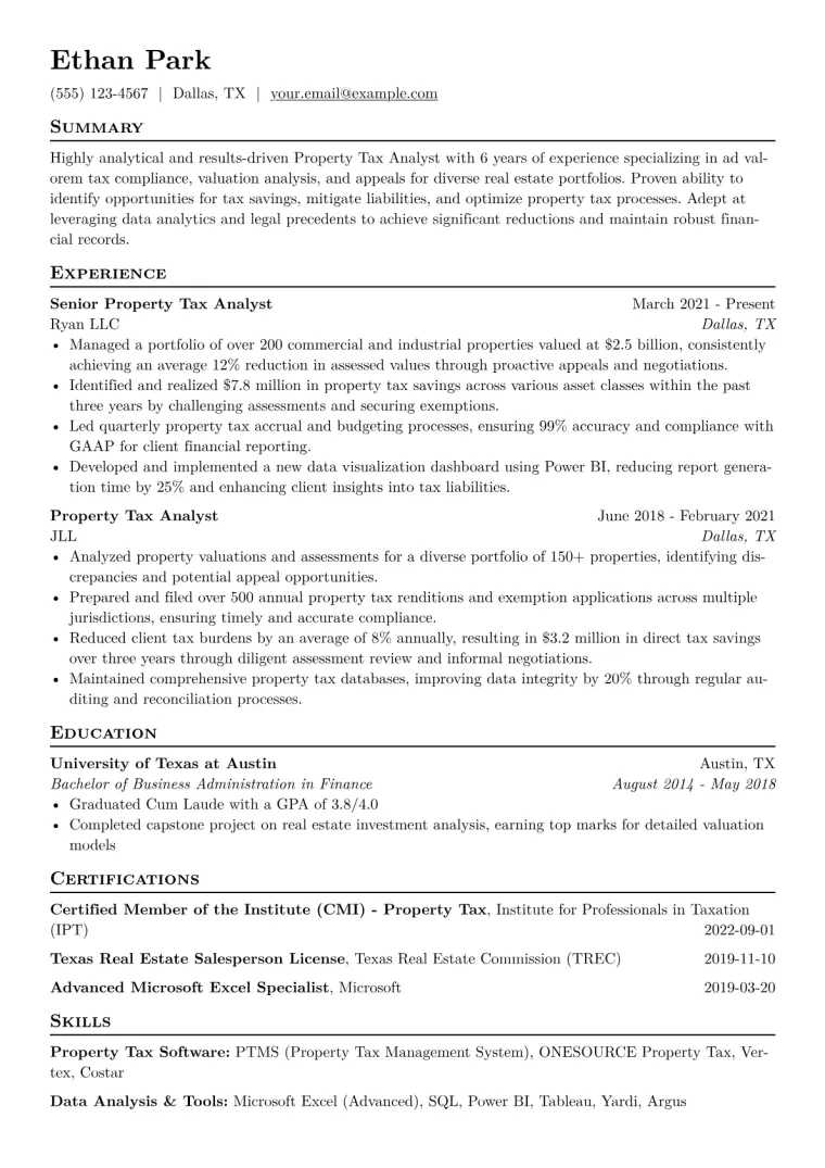 Property Tax Analyst Resume Example CV template preview