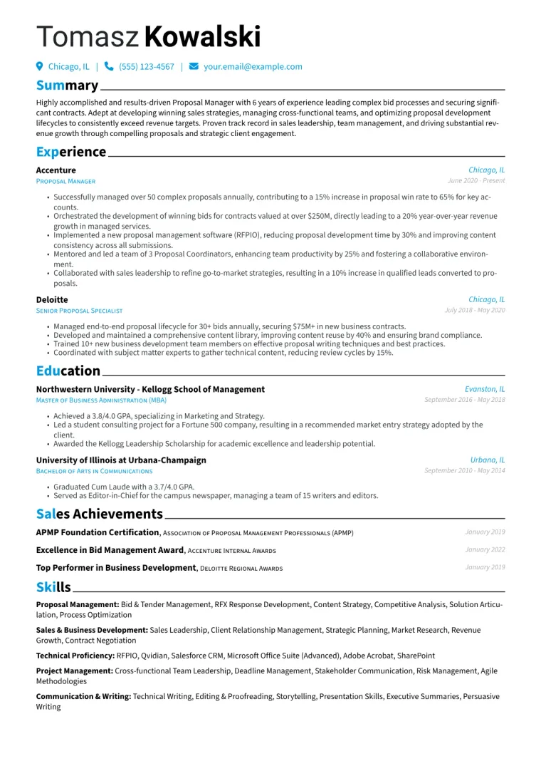 Proposal Manager Resume Example CV template preview