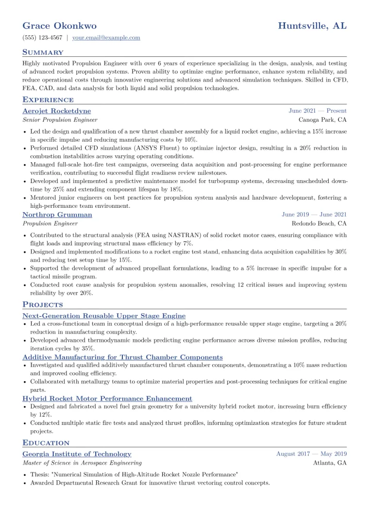 Propulsion Engineer Resume Example CV template preview