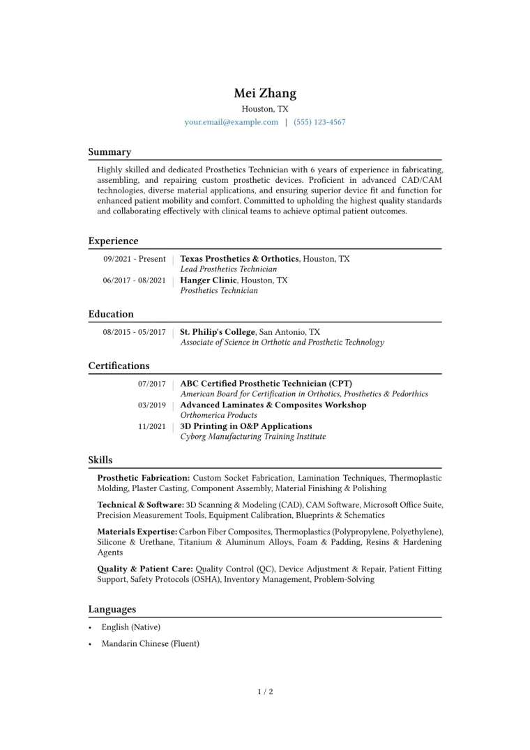 Prosthetics Technician Resume Example CV template preview