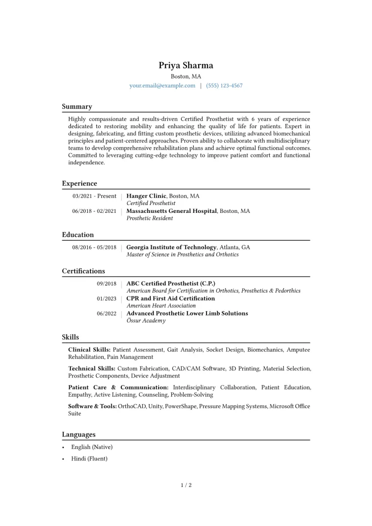 Prosthetist Resume Example CV template preview