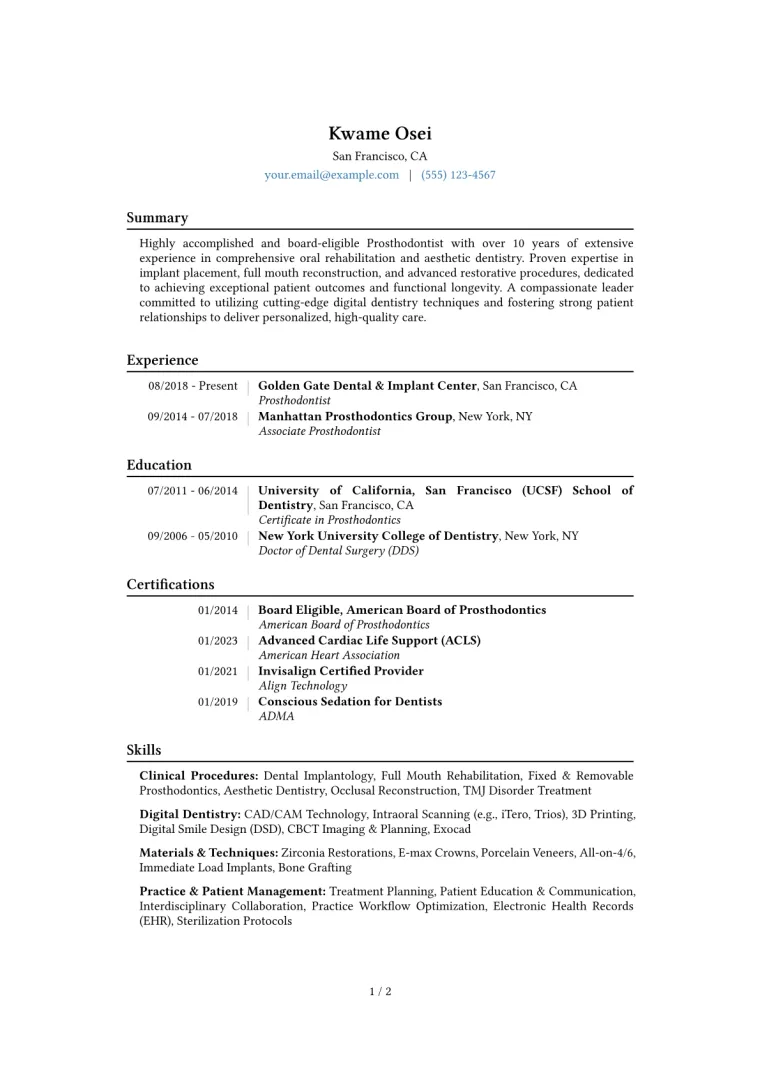 Prosthodontist Resume Example CV template preview