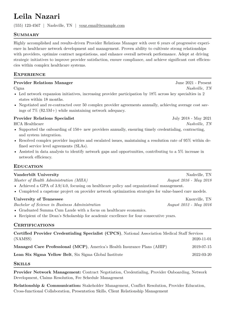 Provider Relations Manager Resume Example CV template preview