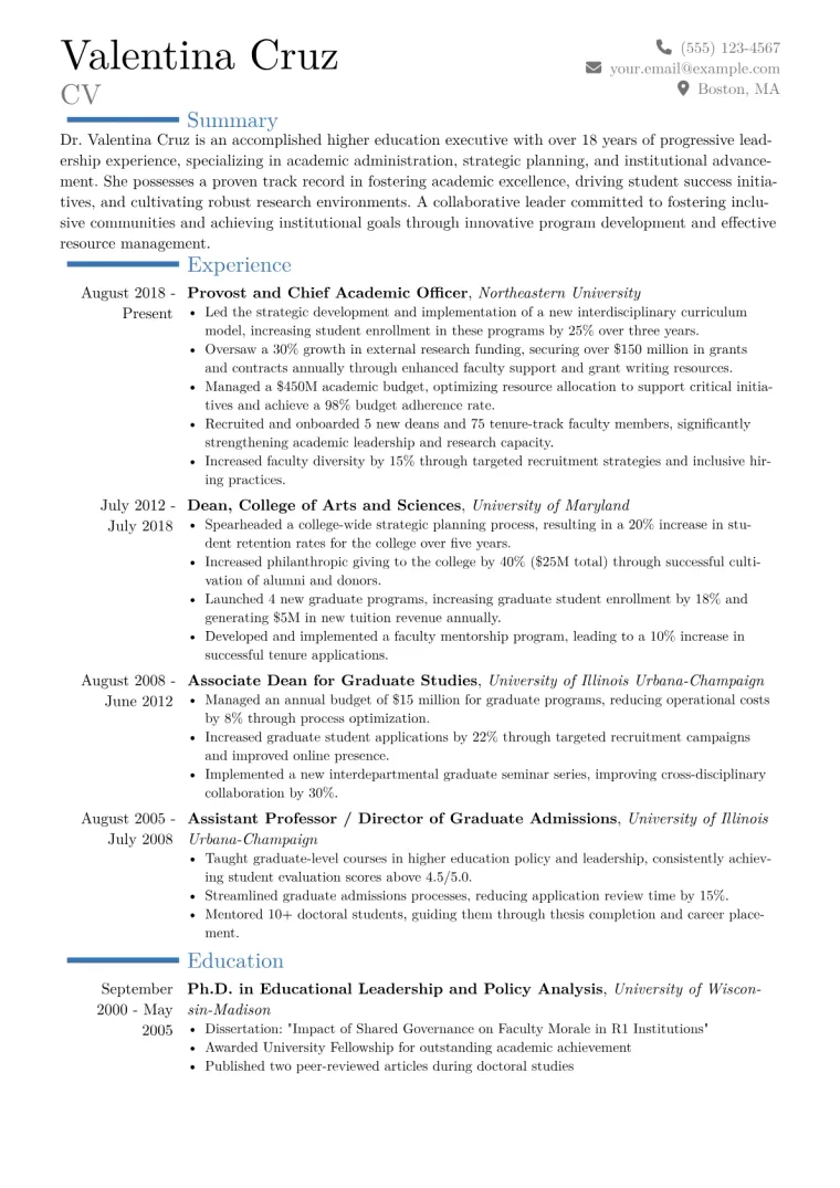 Provost Resume Example CV template preview