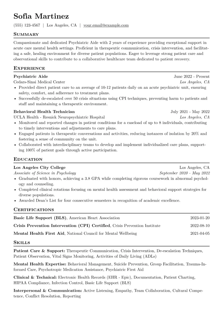 Psychiatric Aide Resume Example CV template preview