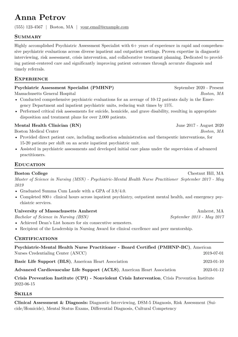 Psychiatric Assessment Specialist Resume Example CV template preview
