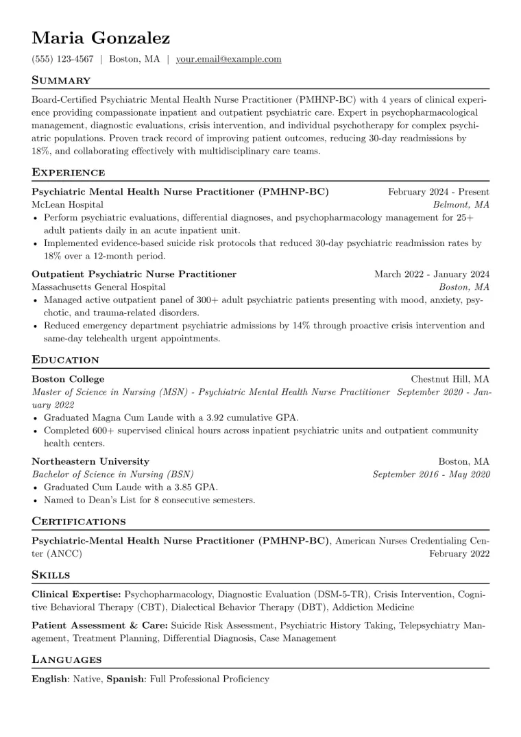 Psychiatric Mental Health Nurse Practitioner Resume Example CV template preview