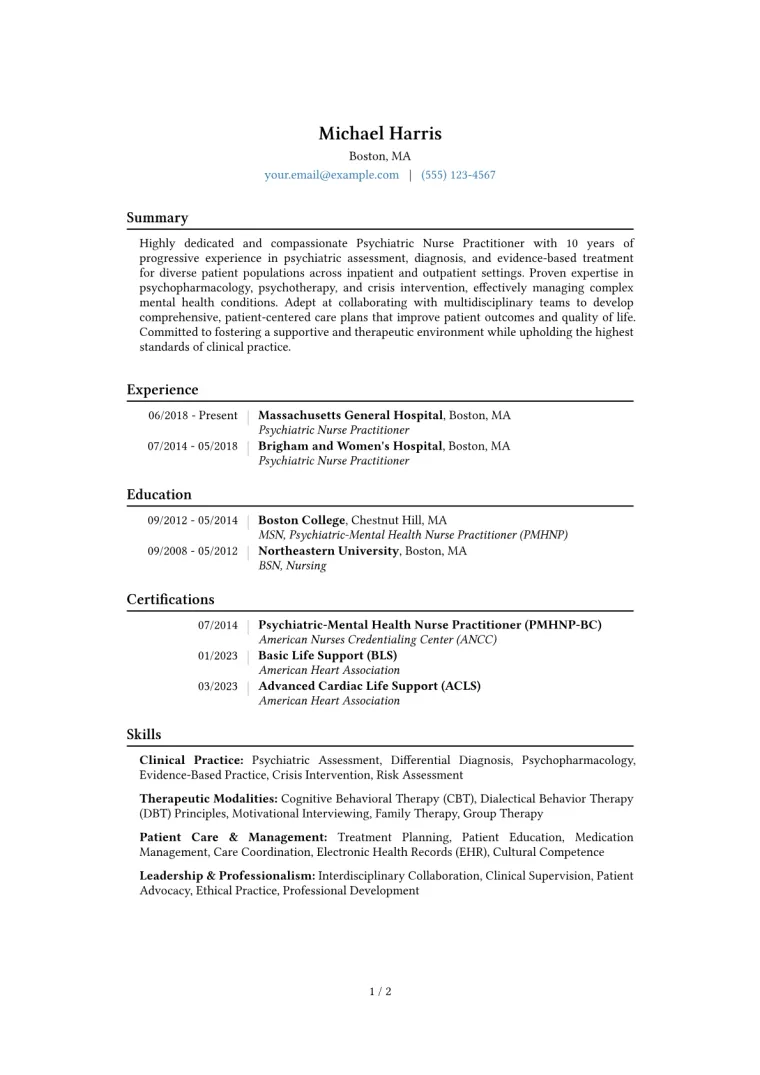 Psychiatric Nurse Practitioner Resume Example CV template preview