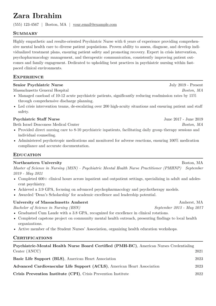 Psychiatric Nurse Resume Example CV template preview