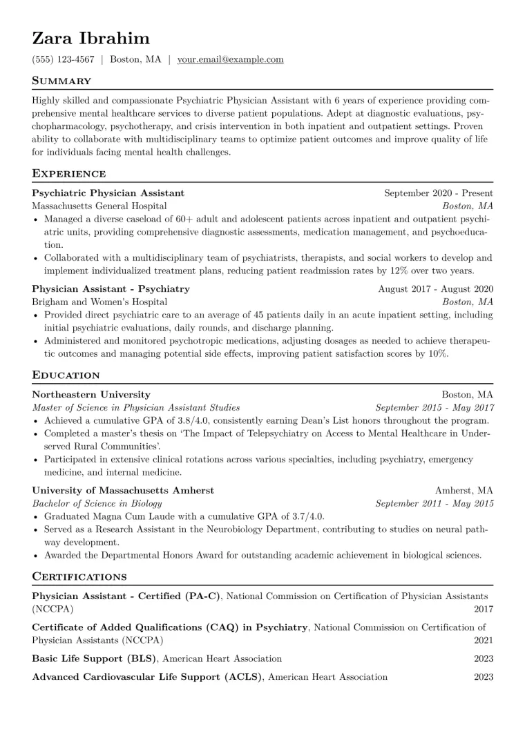 Psychiatric PA Resume Example CV template preview