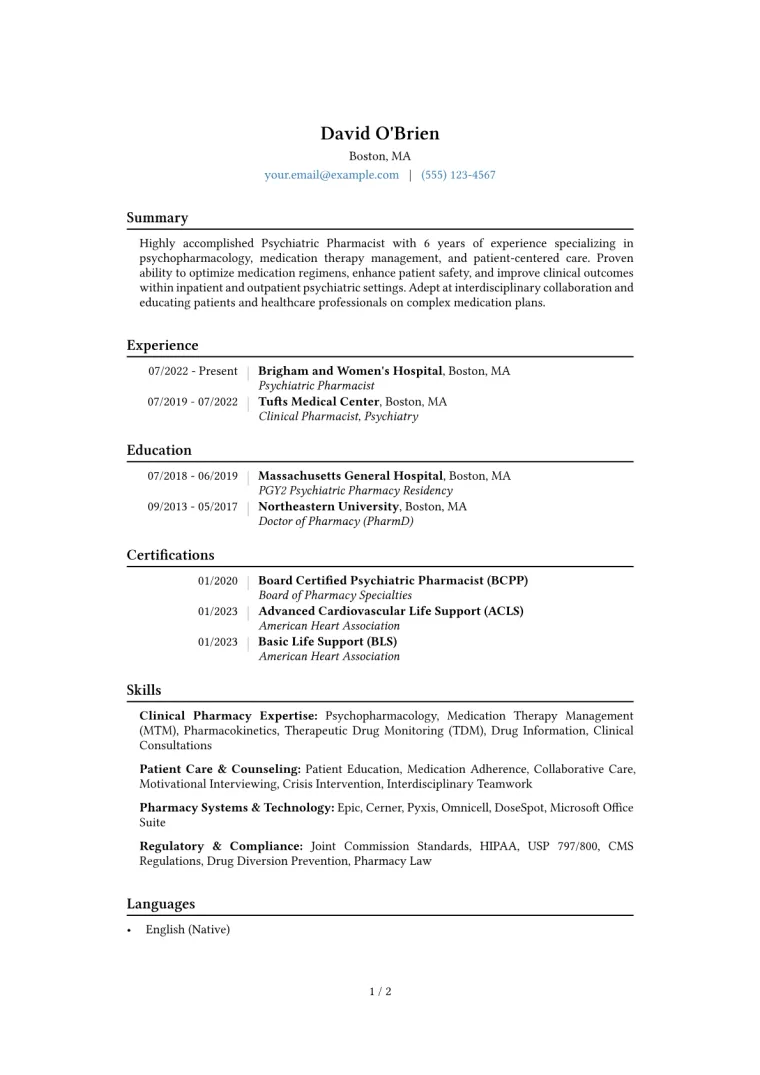 Psychiatric Pharmacist Resume Example CV template preview