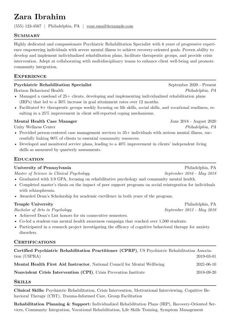 Psychiatric Rehabilitation Specialist Resume Example CV template preview