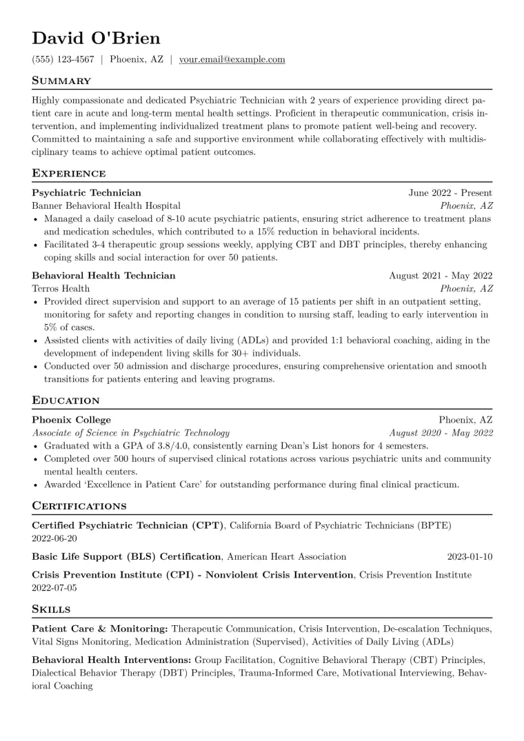 Psychiatric Technician Resume Example CV template preview
