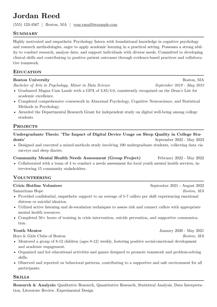 Psychology Intern Resume Example CV template preview
