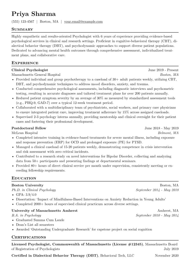 Psychology Resume Example CV template preview